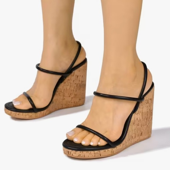 Black and Brown Wedge Sandals with Cork Heel - Picture 1 of 5